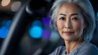 Confident mature Asian woman with silver hair smiling against blurred blue bokeh background, wearing casual grey top, representing active aging and wellness.