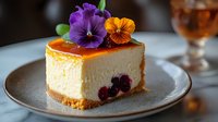 Slice of creamy cheesecake with caramel topping and fresh berries, garnished with purple and orange edible pansies on ceramic plate, dark background.
