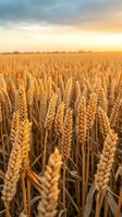 Golden wheat field at sunset with ripe grain ears ready for harvest under dramatic sky for agriculture and farming concepts.