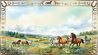 Herd of wild horses grazing in open meadow landscape with mountains, forest, and cloudy sky. Decorative border with western symbols. Suitable for western themes, nature prints, and rustic decor.