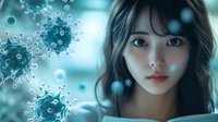 Young Asian woman with long dark hair and bright eyes against blurred blue background with floating coronavirus cell structures, medical science concept.