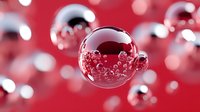 Transparent glass spheres with bubbles floating on red background. Abstract 3d balls with reflective surface for modern design projects and presentations.
