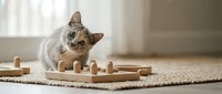 Adorable tabby kitten playing with wooden toy train on woven rug in bright living room. Curious pet exploring educational toys indoors.