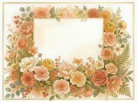 Watercolor floral frame with roses and wildflowers in warm peach and golden tones, featuring a blank center space for text or design.