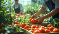 Fresh ripe tomatoes being harvested in greenhouse with hands picking and sorting red produce into wooden crates among green plants in natural sunlight.