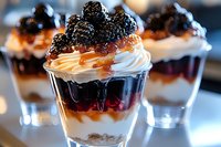 Layered dessert in glass with fresh blackberries, whipped cream, and berry sauce creating an elegant parfait presentation for restaurant menu or food service.