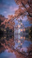 Enchanted castle reflected in calm water surrounded by blooming cherry blossom trees at twilight with magical glowing lights creating dreamy fairytale atmosphere.