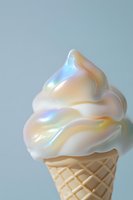 Holographic iridescent soft serve ice cream cone with rainbow shimmer effect on neutral background for trendy dessert and food concepts.