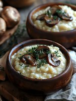 Creamy risotto with sauteed mushrooms and fresh thyme served in rustic wooden bowl. Rich comfort food styling with moody lighting and natural ingredients.