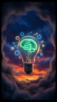 Neon glowing brain inside light bulb surrounded by gear and circuit icons against dramatic stormy sky backdrop. Innovation, creativity, and intelligent problem-solving concept for business and technology.