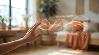 Hands creating glowing energy waves with intuition clarity and emotional balance text in modern wellness space for mindfulness meditation concepts.