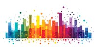 Colorful rainbow city skyline silhouette with scattered dots and paint splatter effect on white background, suitable for music festival or pride event designs.