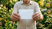 Middle-aged Caucasian male gardener holding blank white card in front of flowering garden background, wearing beige shirt, displaying space for text or branding.