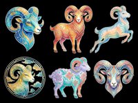 Six colorful ornate Aries ram clipart designs isolated on transparent background, ready for stickers, t-shirt design, print on demand, and sublimation projects.