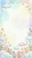 Pastel watercolor border frame with clouds, stars, moon, teddy bear, bunny, flowers and birds on white background. Isolated design element suitable for nursery decor, baby shower invitations, greeting cards and children's stationery projects.