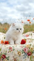 White fluffy kitten sitting on floral fabric in poppy field with fresh strawberry, surrounded by red wildflowers and green stems under cloudy sky.