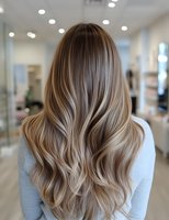 Back view of long wavy blonde balayage hair with smooth transition from dark to light tones, showcasing modern hair coloring technique in salon setting.