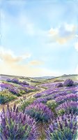 Lavender field landscape with rolling hills, purple flowering plants in foreground, green meadows, and soft blue sky with white clouds. Watercolor painting style suitable for wall art, home decor, and nature-themed designs.