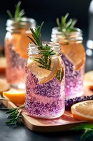 Refreshing purple cocktails in mason jars garnished with orange slices and rosemary sprigs. Sparkling summer drinks with citrus and herbs on wooden board against dark background.