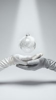 Gloved hands presenting a floating glass Christmas ornament with silver floral pattern under a spotlight on a gray background.