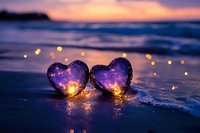 Two glowing heart-shaped objects with warm lights on ocean shore at sunset creating romantic atmosphere for Valentine's Day and love concepts.