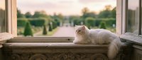 White fluffy cat relaxing on ornate wooden windowsill overlooking formal garden landscape at golden hour sunset creating peaceful domestic scene.