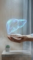 Holographic liver organ floating above cupped hands in modern medical office setting with succulent plant for healthcare and wellness concepts.