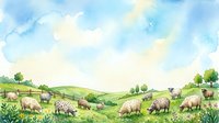 Herd of sheep grazing on rolling green hills under blue sky with clouds, pastoral countryside landscape for agricultural and rural design projects.
