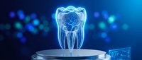 Glowing blue holographic tooth with neural network pattern on futuristic platform for dental technology and healthcare innovation concepts.