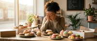 Stressed young woman baker overwhelmed by pastry orders in home kitchen with donuts and sweets scattered on wooden table during busy morning.