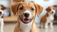 Happy brown and white dog with tongue out smiling at camera in indoor setting with other dogs blurred in background, suitable for pet care and animal content.