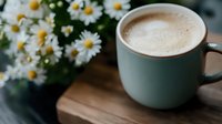 Steaming coffee cup with creamy foam beside fresh white daisy flowers on wooden surface creating cozy morning atmosphere for cafe and lifestyle concepts.