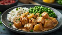 Tender chicken pieces in creamy sauce served with white rice and green peas, garnished with fresh herbs on dark plate, close up view of homestyle dinner.