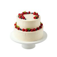 Two-tier cream frosted cake decorated with fresh raspberries and blackberries on white pedestal stand, suitable for weddings, celebrations, and bakery designs.