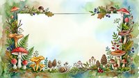 Watercolor forest frame with mushrooms, ferns, berries, and snail, forming a decorative border with blank space for text or design.