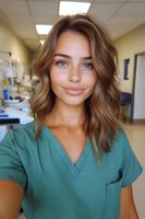 Young female medical professional in green scrubs takes selfie at hospital corridor, showing natural makeup and wavy brown hair. Friendly smile conveys healthcare confidence.