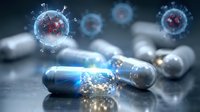 Medical capsules with glowing blue light surrounded by floating virus particles in pharmaceutical research laboratory setting for antiviral drug development.