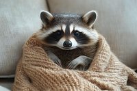Cute raccoon wrapped in cozy beige knit blanket, looking at camera with curious expression. Wildlife animal portrait for home decor, greeting cards, calendars.