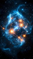 Luminous blue nebula with bright orange stars forming constellation patterns against dark space background, surrounded by cosmic gas clouds and stellar formations.