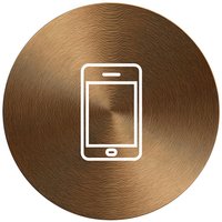 Bronze metallic circular button with white smartphone icon on brushed copper surface for mobile app interface design and digital technology projects.