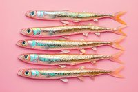 Five glittery decorative fish with pink and turquoise colors arranged in parallel rows on pink background. Modern minimal food art composition for creative design.