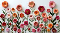 Colorful gerbera daisies arranged in a row creating floral border pattern on white background, perfect for greeting cards, wedding invitations and spring season designs.