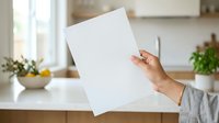 Hand holding blank white paper sheet in modern kitchen with natural light, suitable for mockups, presentations, and advertising campaigns.