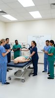 Medical team training session with diverse healthcare professionals practicing patient handling techniques on mannequin in modern hospital classroom.