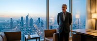 Mature businessman in formal suit standing in modern high-rise office with panoramic city skyline view at sunset, corporate executive environment for business leadership concepts.