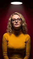 Young blonde woman with curly hair wearing glasses and yellow turtleneck sweater under dramatic spotlight against dark red background for creative portraits.
