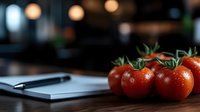 Fresh red vine tomatoes with water drops on dark wooden table next to digital tablet, moody lighting creates professional food photography atmosphere.