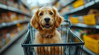 Smiling golden retriever puppy sitting in shopping cart at grocery store, blurred supermarket aisle background creates depth. Pet friendly shopping concept.