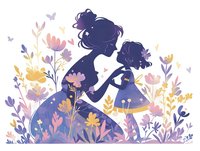 Silhouette of mother and daughter in floral garden with butterflies, decorated in purple and pink pastel colors against white background, artistic illustration style.