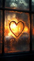 Heart drawn on misty window with warm sunset glow behind, raindrops creating atmospheric bokeh effect on glass surface. Romantic mood for greeting cards.
